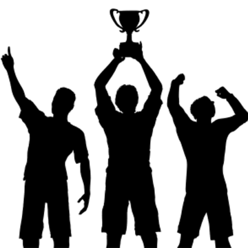 Silhouettes of three male athletes side by side, middle athlete holding winning cup above his head