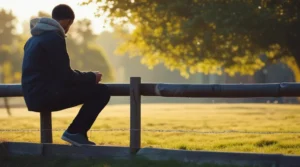 Man sitting on a fence looking out at field